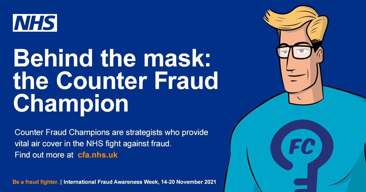 Image showing a person dressed as a superhero with the text 'Behind the mask:the Counter Fraud Champion'