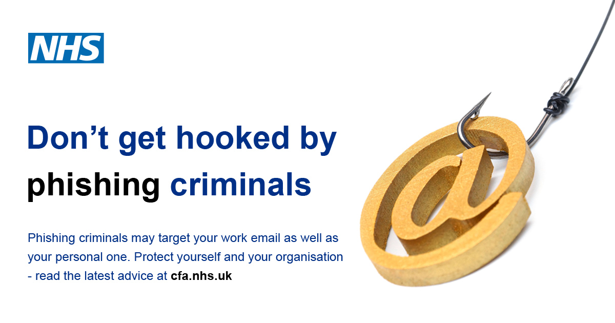 Image showing an @ symbol caught by a fishing hook with the words Dont get hooked by phishing criminals to its left