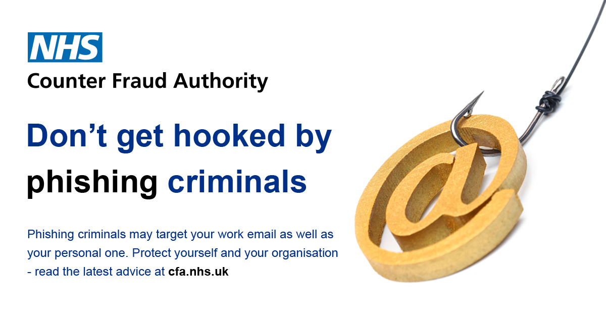 Image showing an @ symbol caught by a fishing hook with the words Dont get hooked by phishing criminals to its left