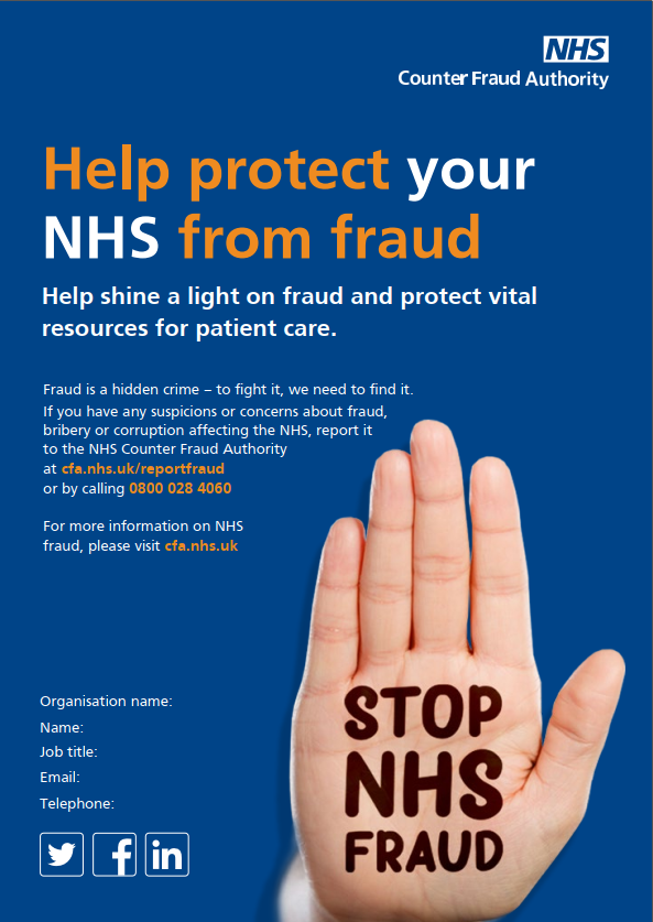 Image showing a hand being held up with the words Stop NHS fraud above is the text help protect your nhs from fraud