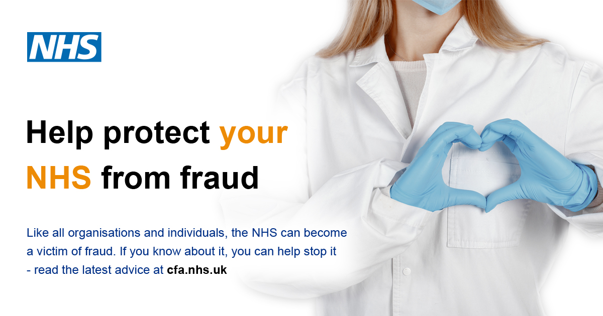 Image showing a person in a white lab coat making a heart sign with their hands, the words help protect our NHS from fraud are to the left