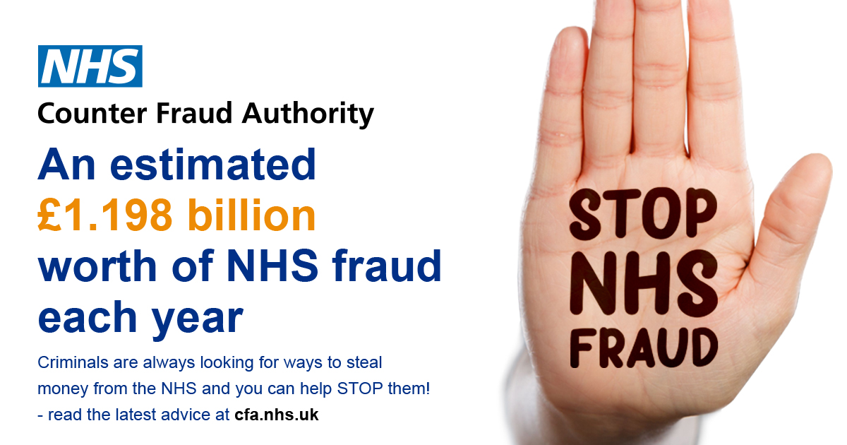 Image showing a hand being held up with the words Stop NHS fraud, to the left of this image is the text An estimated £1.198 billion worth of NHS fraud each year
