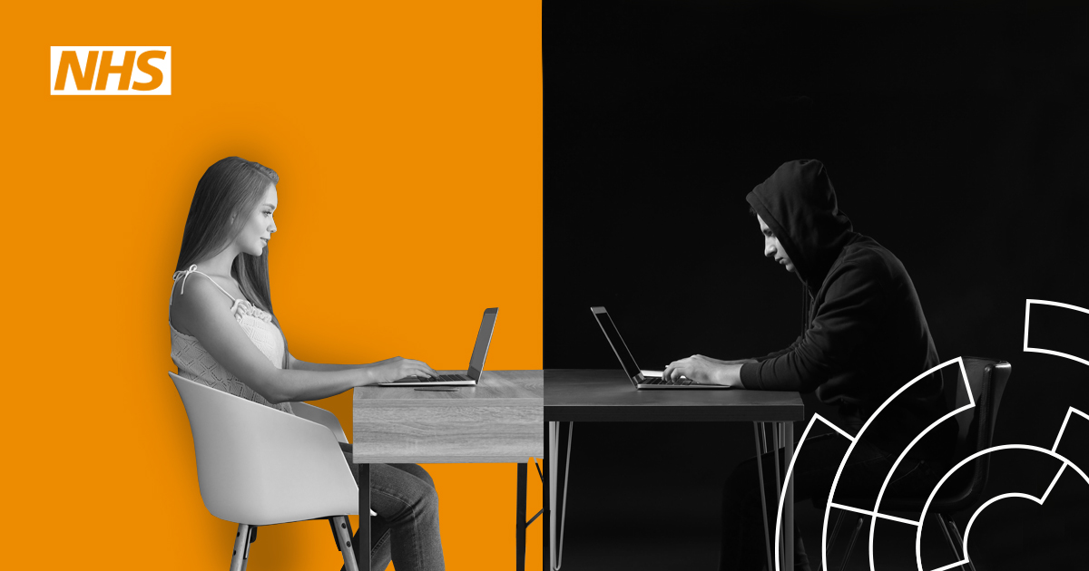 Image Showing two people typing on laptops, the person on the left is sitting upright and highlighted by an orange background, the person on the right is sitting hunched over with their hood up infront of a dark background