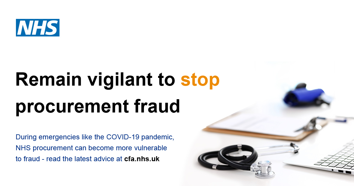 Image showing a stethoscope laptop and clip board on a desk with the words Remain vigilant to stop procurement fraud to the left