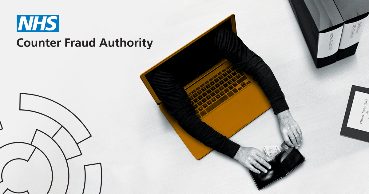 Image showing a pair of arms reaching out of a laptop screen and taking money out of a wallet with NHS Counter Fraud Authority in the top left 