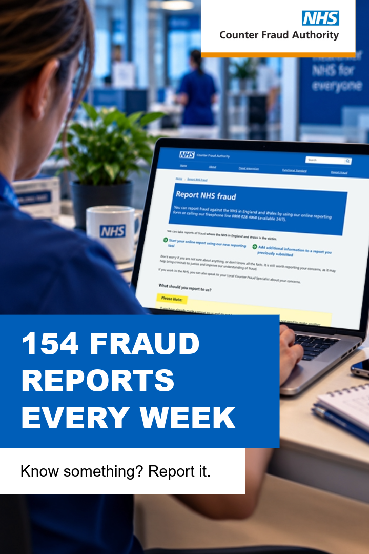 Medical professional looking at a computer. Text reads: 154 fraud reports every week.