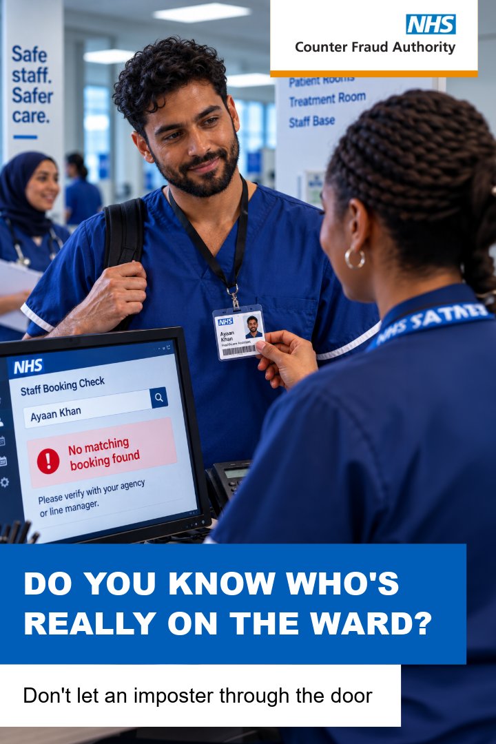 Two medical professionals checking identification. Text reads: Do you really know who's on the wards?