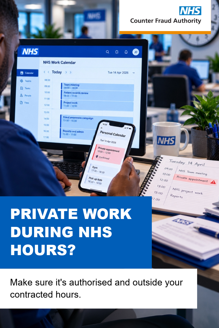 Medical professional looking at a phone. Text reads: Private work during NHS hours?