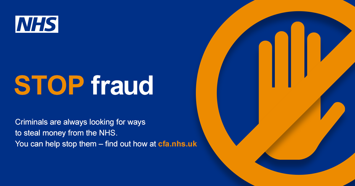 Image of large NHSCFA poster on how to report fraud and corruption within the NHS.