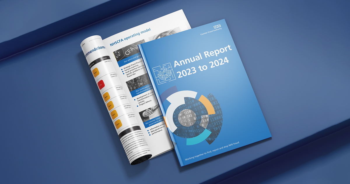 Image of a blue booklet with the words Annual Report 2023 to 2024 on the cover resting on an open booklet diplaying pages from the annual report.
