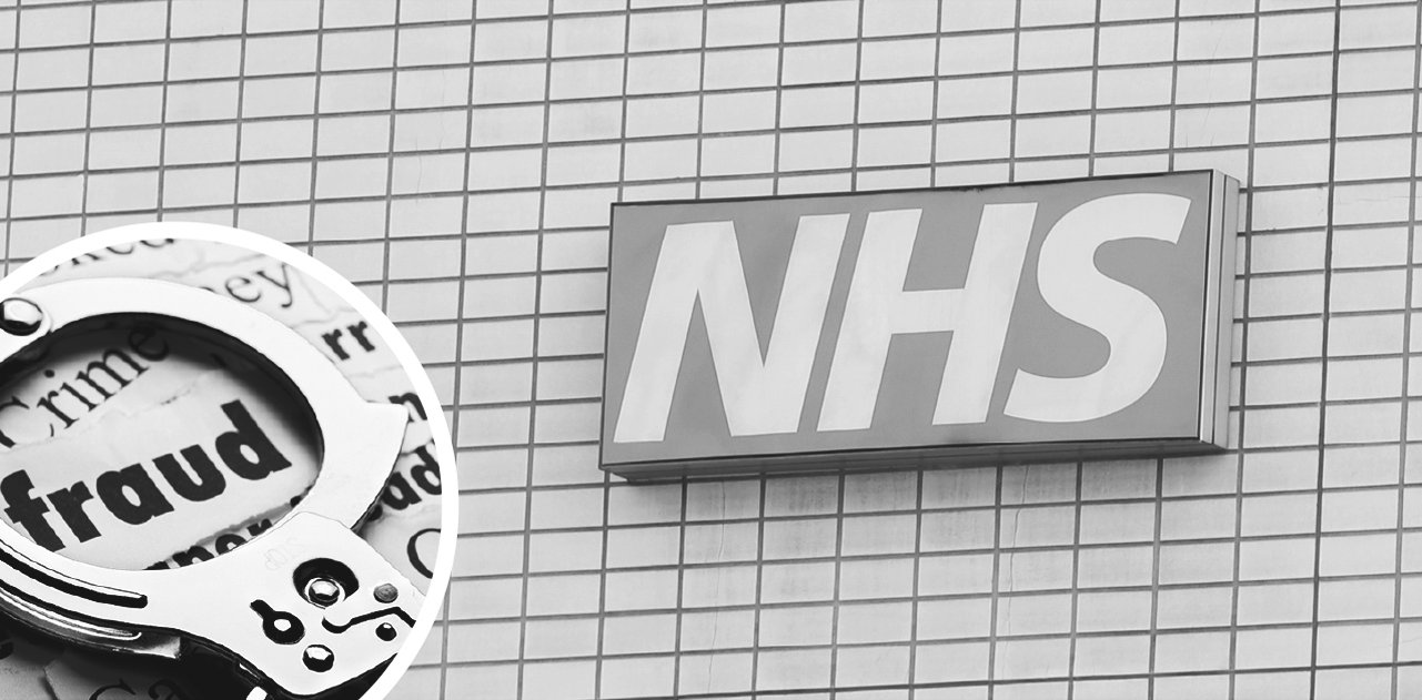 Black and white Image of a set of handcuffs in the left of the image with a NHS sign in the center 