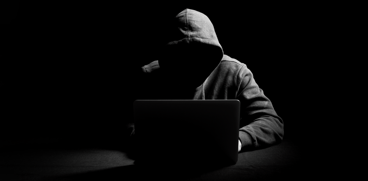Image of a hooded figer looking at the laptop 