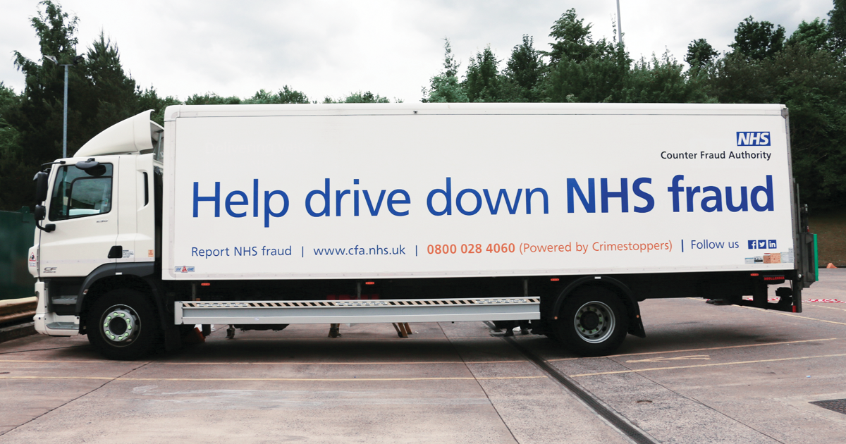 image of NHS trucks delivering the NHSCFA counter fraud message.