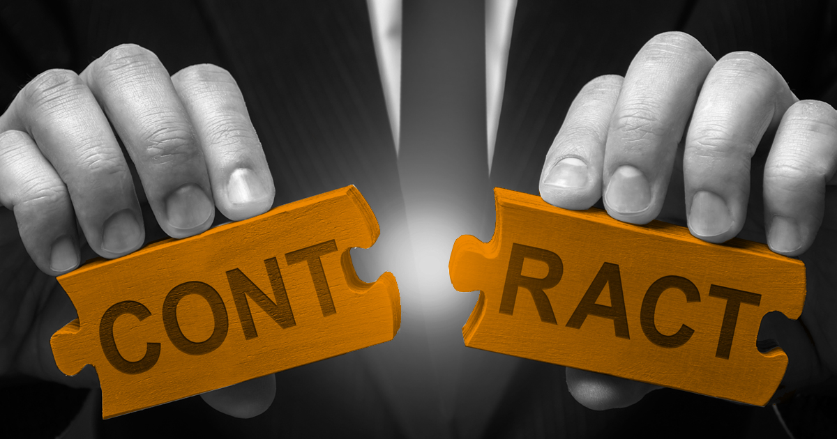 Image showing a jigsaw with the word contract being pulled apart by two hands 