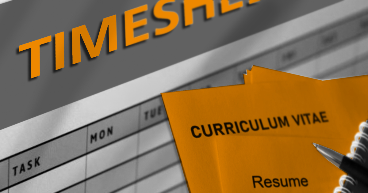 Image showing papers with the words Time sheets, Curriculum vitea and resume.