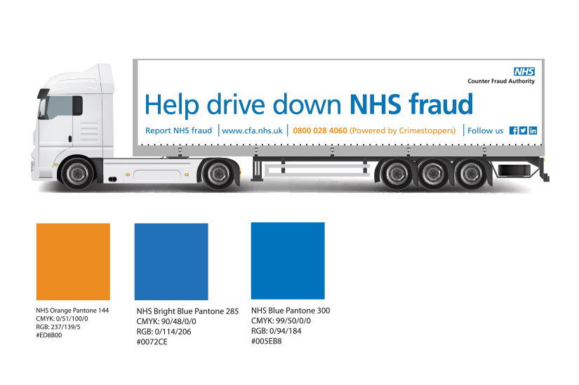 Image of the NHS fraud supply chain trucks carring the NHSCFA fraud awarness message.
