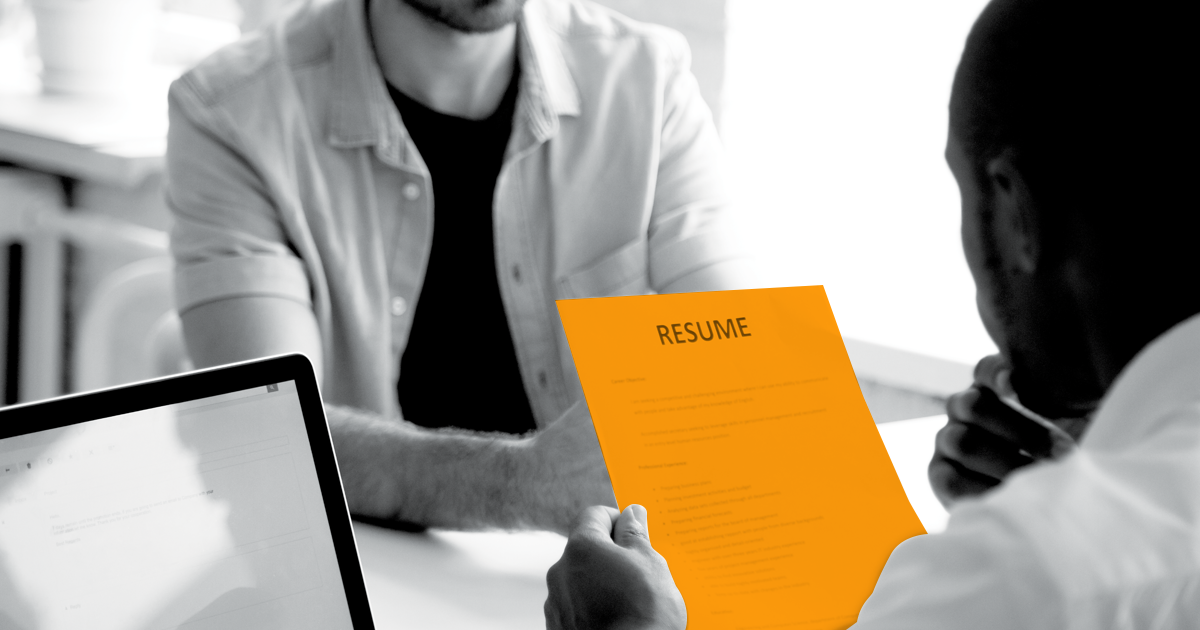 Image of and intervew taking place with Resume document highligted in orange.  