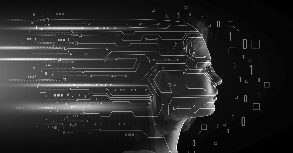 image of a persons face that is covered by a circuit diagram and binary code