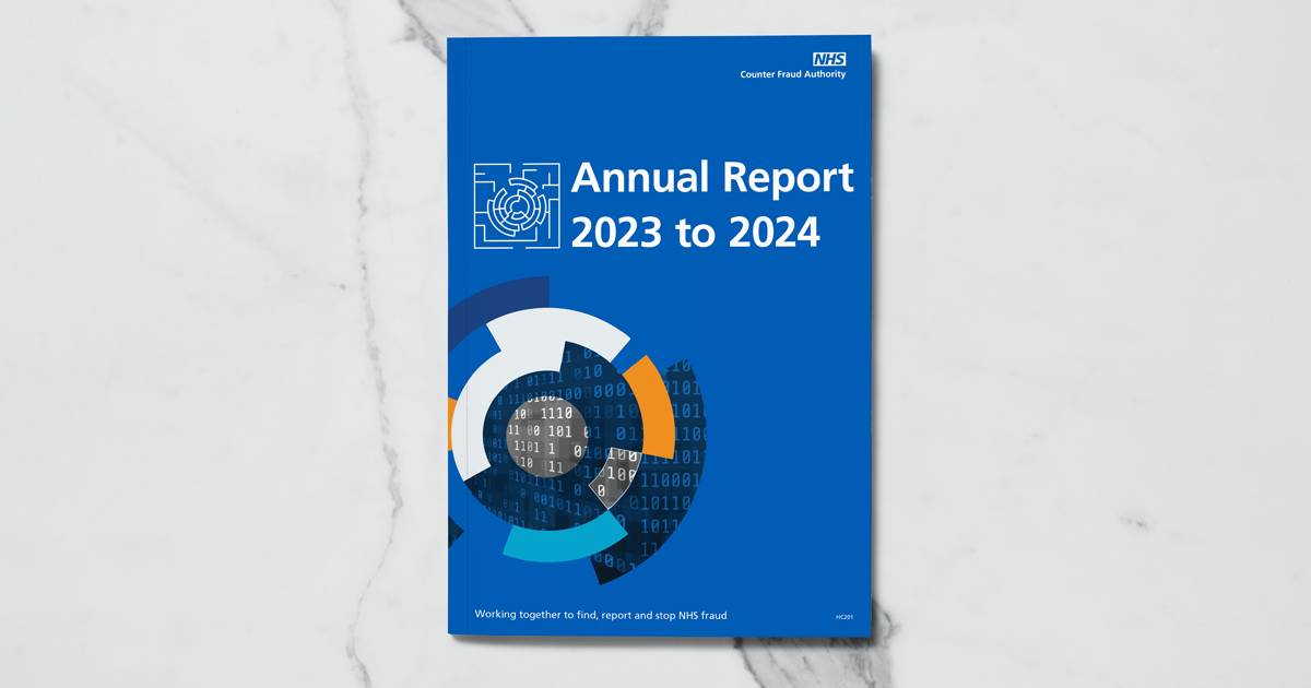 Image of a blue booklet with the words Annual Report 2023 to 2024 above the NHSCFA consentric circules logo.