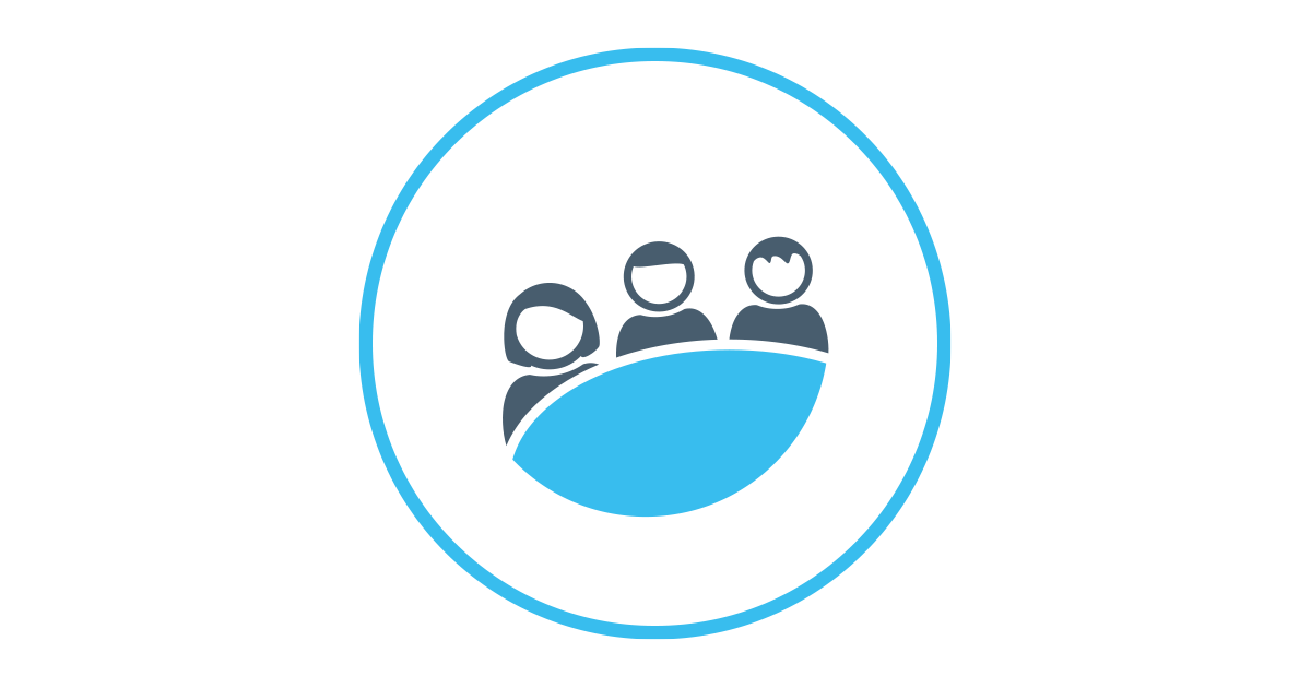 Image showing light blue ring with three people icons sat arround a light blue table inside.