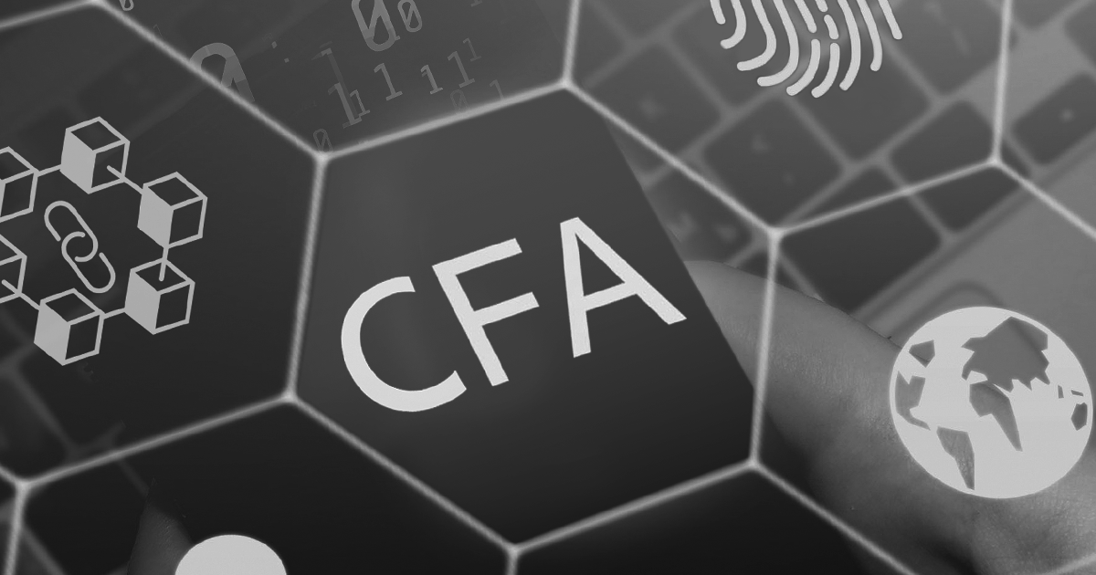 Image of hexagonal shapes with icons that include a figurprint, a globe, a network logo surrounding the letters CFA