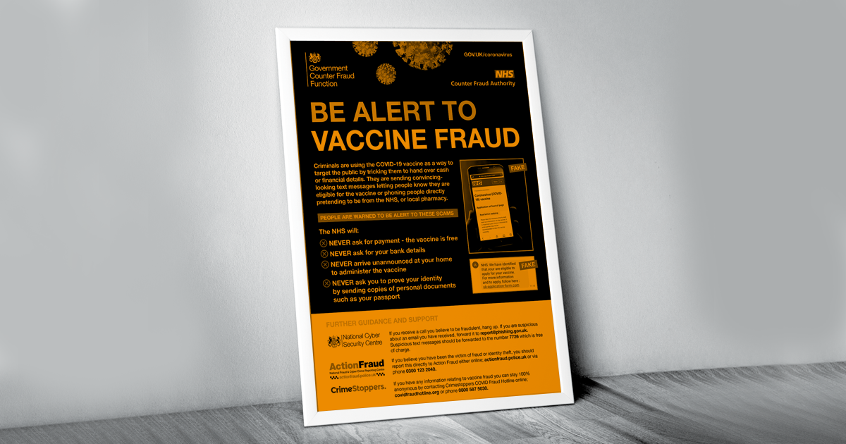 Image of poster showing be alert to vaccine fraud