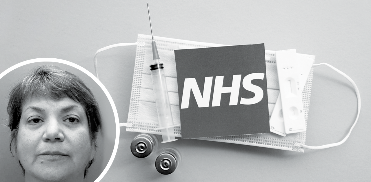 Black and white Image of Zholia Alemi in the left of the image with medical supplies to the centre 