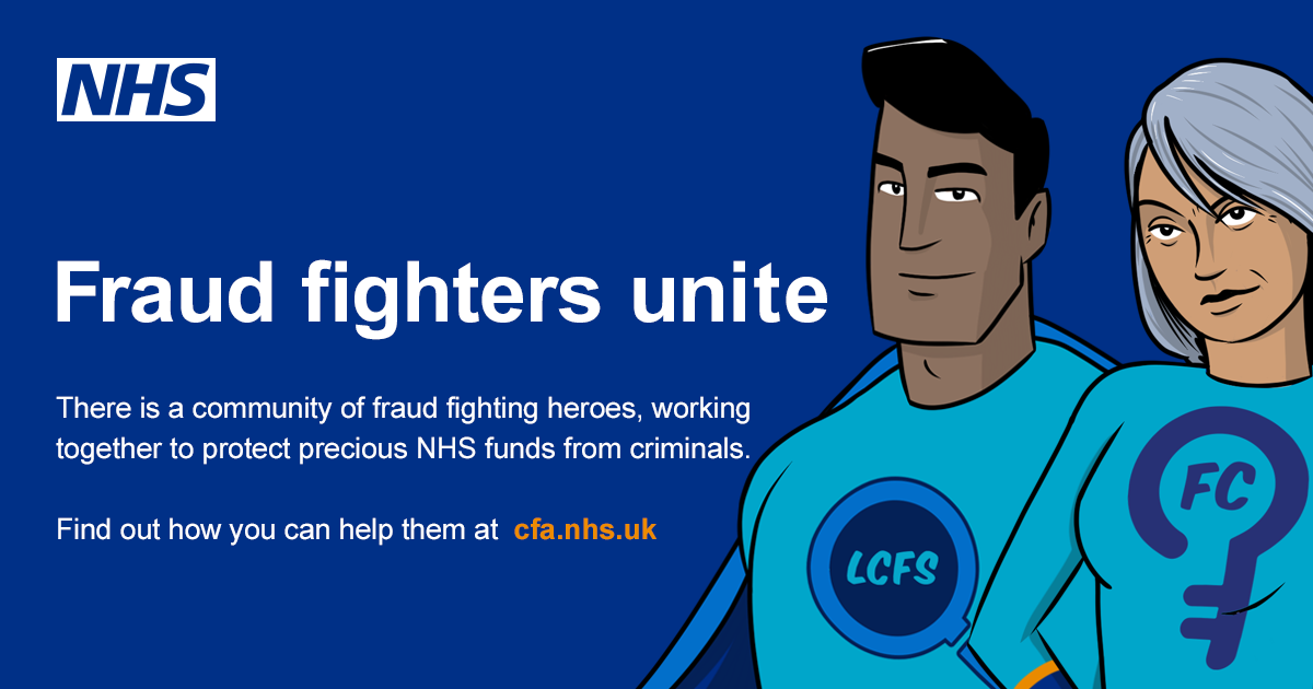 Image of large NHSCFA poster on how to report fraud and corruption within the NHS.