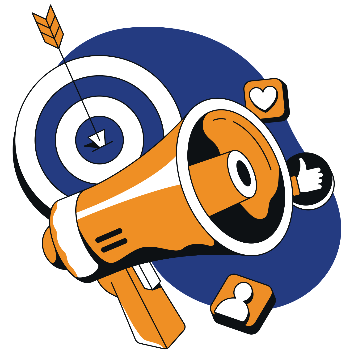 Image of a megaphone, a target and heart and thumbs up icons