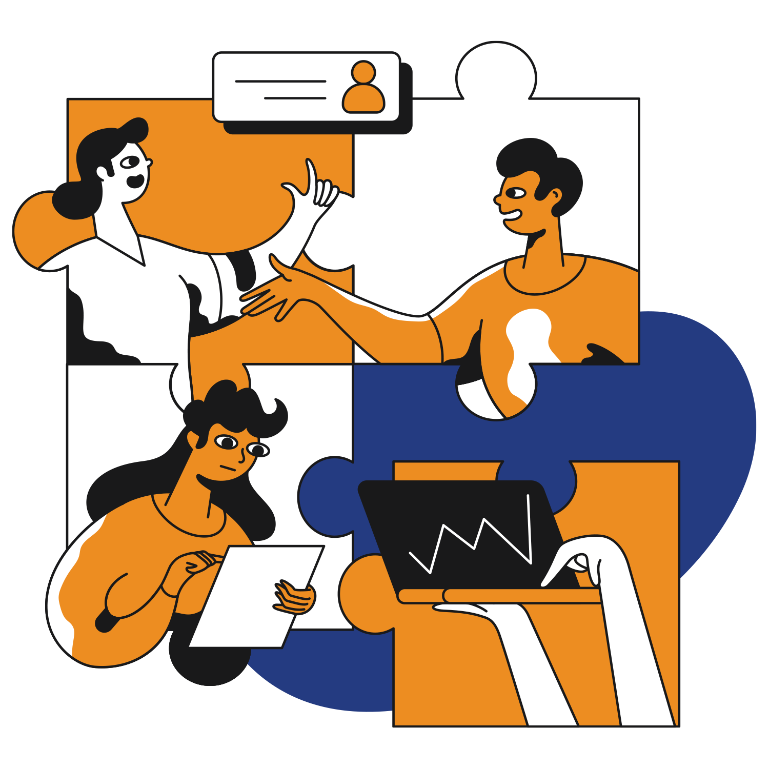 Image of four puzzle segments each depicting two people in discussion, a person reviewing a document and hands typing on a laptop