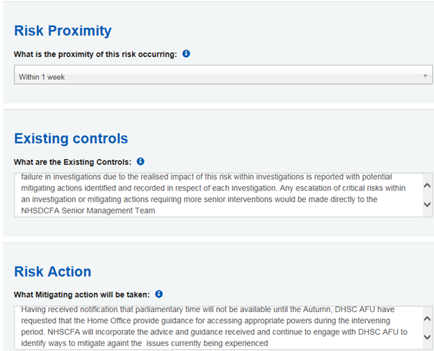 Image showing risk proximity, existing controls and risk action section