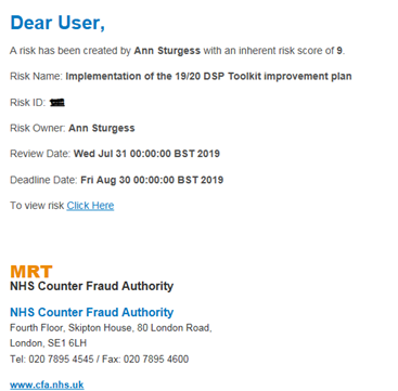 Image showing the email generated after a risk has been created