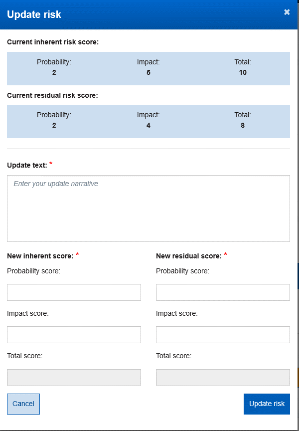 Image of the update risk screen showing current scores and new update inputs for text and latest scores