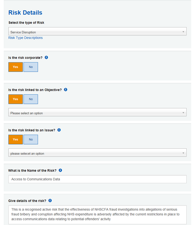 Image showing create risk select risk type input additional fields.