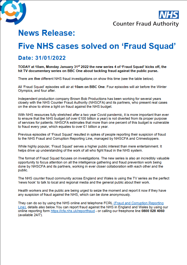 News release: Five NHS cases Solved on Fraud Squad front cover