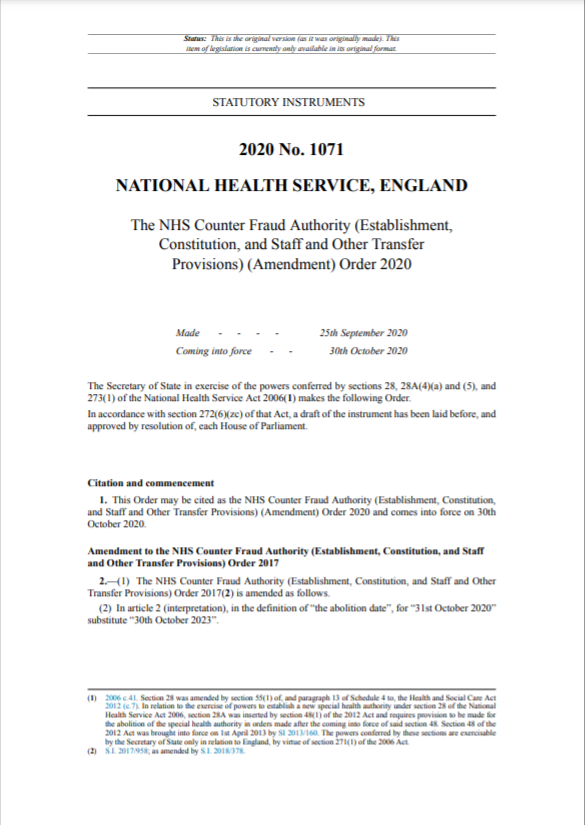 The NHS Counter Fraud Authority(Amendment) Order 2020 front cover