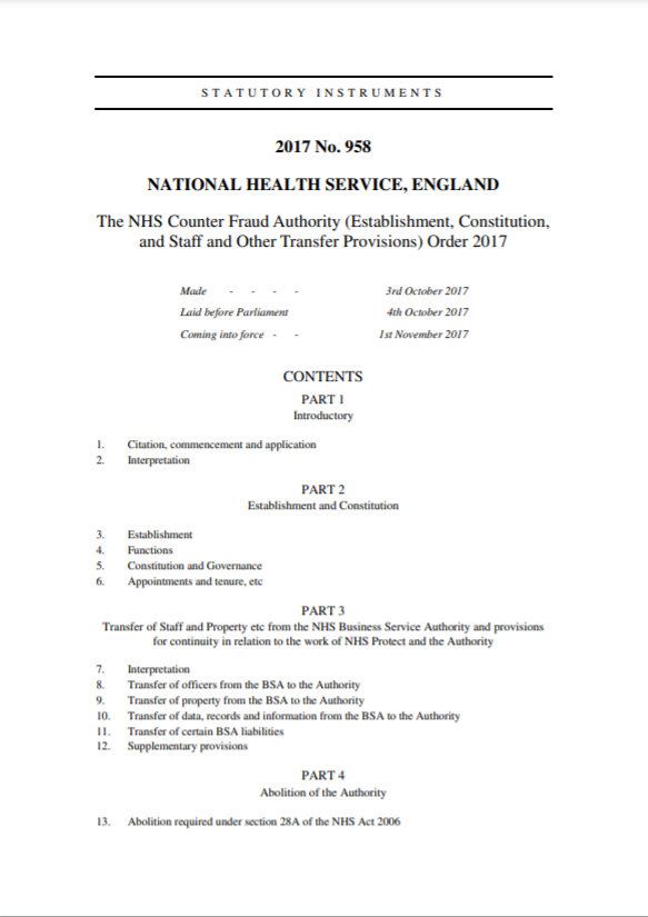 The NHS Counter Fraud Authority (Establishment, Constitution Order 2017
