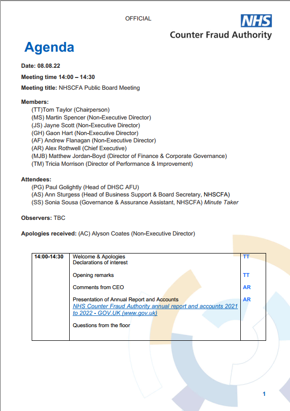NHSCFA Public Board Meeting agenda 08/08/2022 front cover