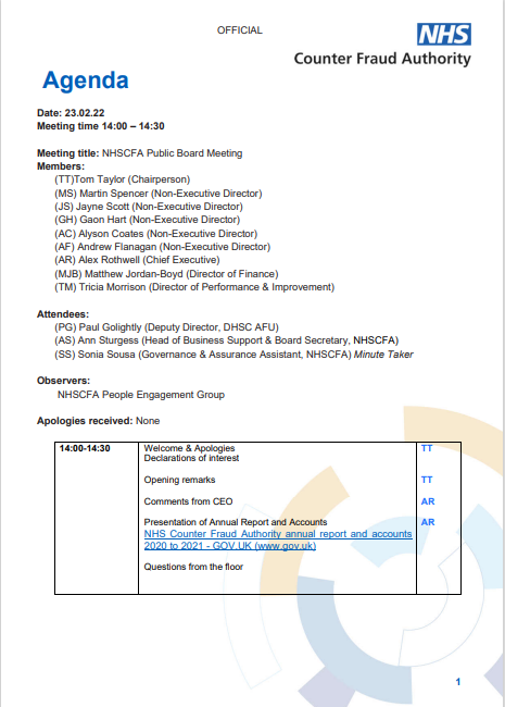 NHSCFA Public Board Meeting agenda 23/02/2022 front cover